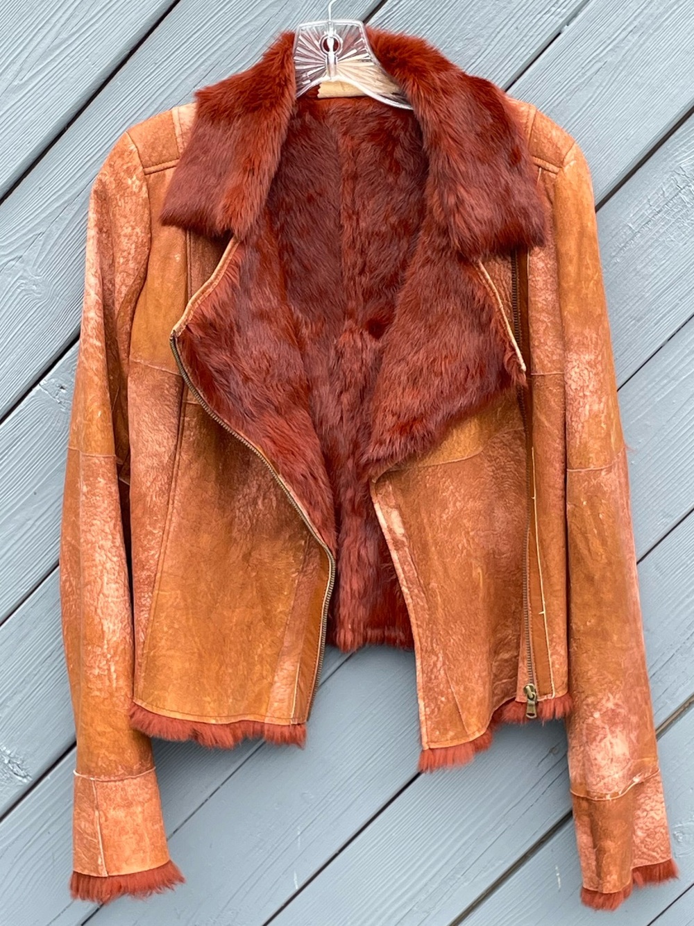 Y2K G-Brand Italy Rust Brown Shearling-Trim Leather Jacket size Small - Picture 10 of 13